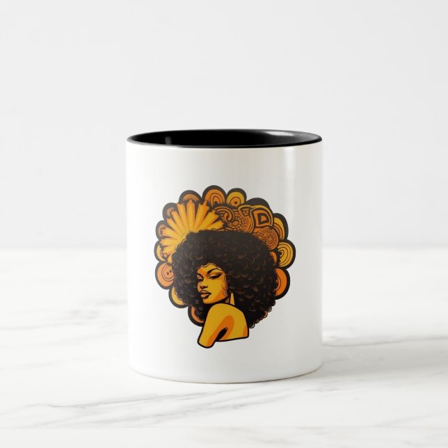 Afro Black Woman Retro Style Two-Tone Coffee Mug (Center)
