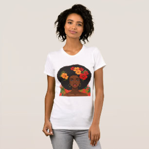 Afro Brazilian Woman Natural Hair Tropical Flowers T-Shirt