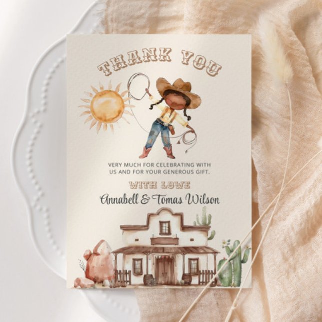 Afro Cowgirl Western Girl Ranch Cactus Baby Shower Thank You Card (Creator Uploaded)