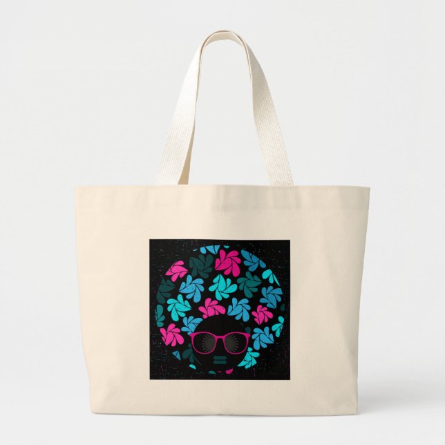 Afro Diva Turquoise & Hot Pink Large Tote Bag (Front)