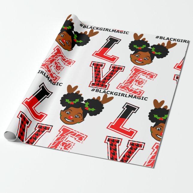 Afro Girl, Reindeer, Red Nose ,Christmas ,Black Wrapping Paper (Unrolled)