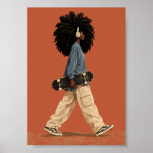 Afro Girl Skateboard Streetwear Urban Fashion Blac Poster