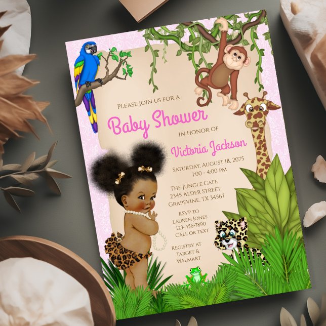Afro Hair Baby Girl Safari Baby Shower Invitation (Adorable safari baby shower invitation. You can change all of the text as needed for your event.)