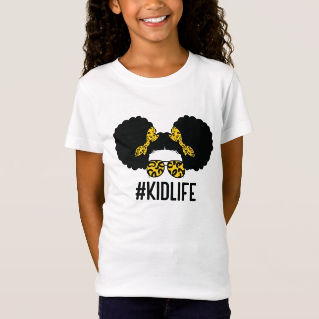 Afro Kid Life Puff Hair Messy Bun Leopard Shirt. T-Shirt (Front)