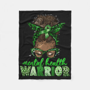 Afro Messy Bun Leopard Green Ribbon Mental Health  Fleece Blanket