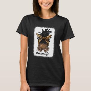 Afro Messy Locs Bun Mom Life Leopard Messy Bun T-Shirt