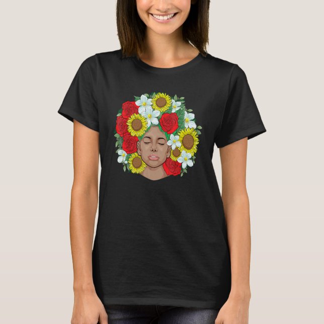 Afro Natural Black Hair Kind Pride Melanin Flowers T-Shirt (Front)