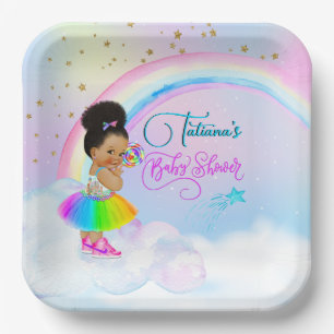 Afro Puff Baby Girl Pastel Rainbow Baby Shower Paper Plate