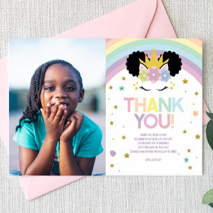 Afro Puff Unicorn and Rainbows Birthday Party Thank You Card