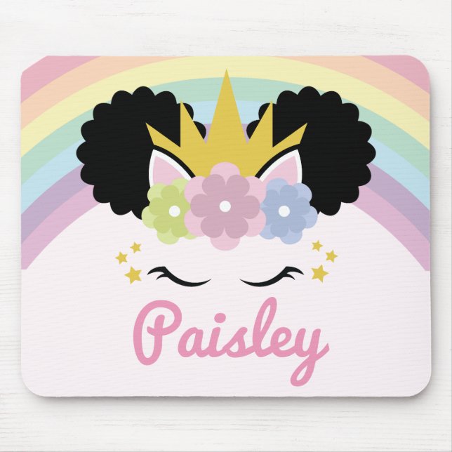 Afro Puff Unicorn Curly Hair Custom Name Mouse Pad (Front)
