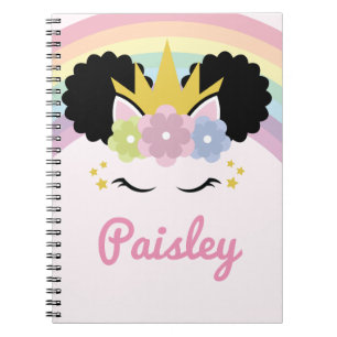 Afro Puff Unicorn Curly Hair Custom Name Notebook