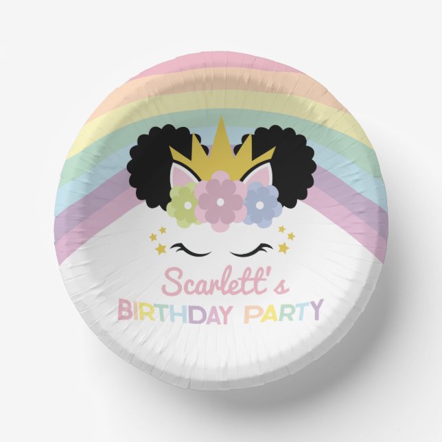 Afro Puff Unicorn Rainbows Birthday Party Paper Plate (Front)