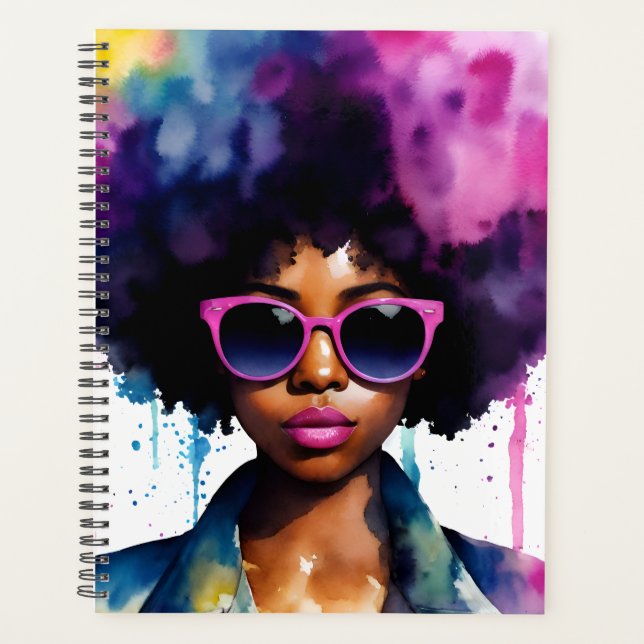 Afro Rainbow Hair Black Woman Sunglasses Art Planner (Front)
