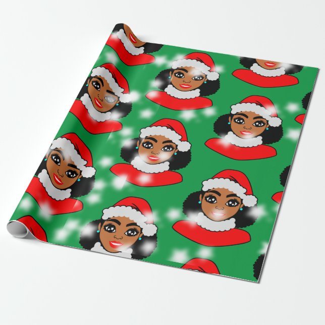 Afro Santa Puffs Black Girl Christmas Wrapping Paper (Unrolled)