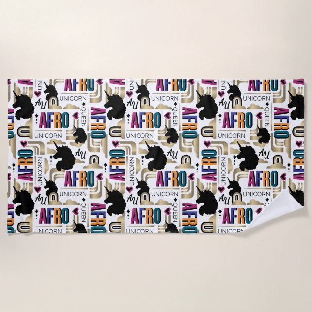 Afro Unicorn Bold Pattern Beach Towel (Front)