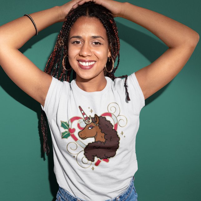Afro Unicorn Candy Cane Heart Holiday T-Shirt (Creator Uploaded)