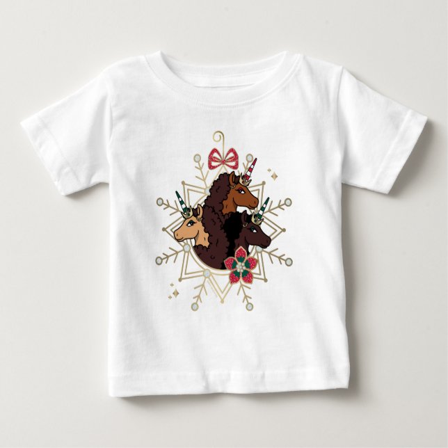 Afro Unicorn Festive Holiday Magical Baby T-Shirt (Front)