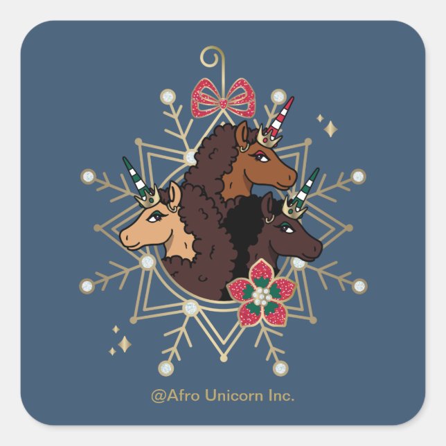 Afro Unicorn Festive Holiday Magical Square Sticker (Front)
