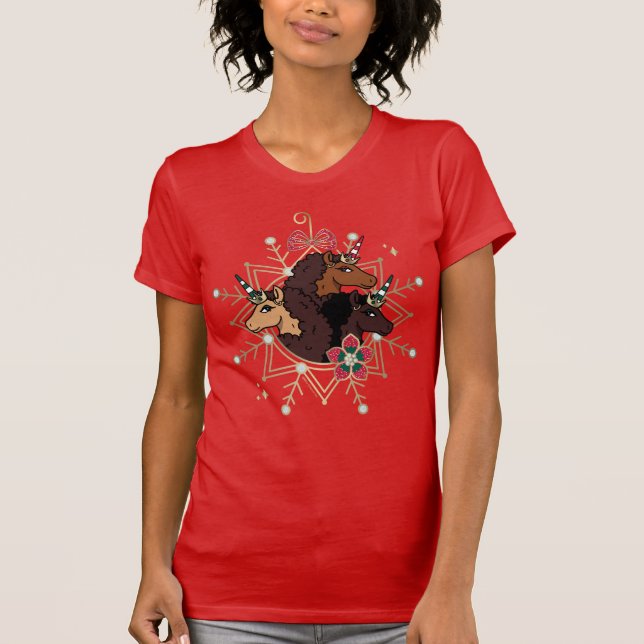 Afro Unicorn Festive Holiday Magical T-Shirt (Front)