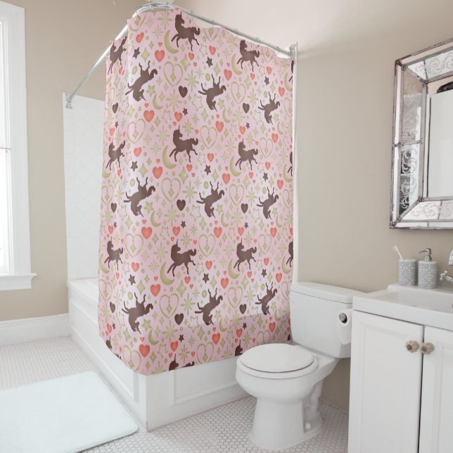 Afro Unicorn Heart & Star Pink  Pattern Shower Curtain (In Situ)