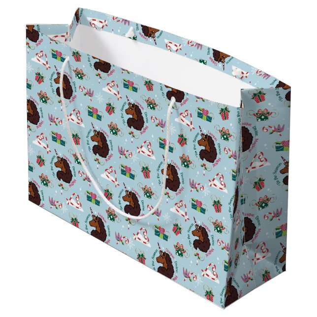 Afro Unicorn Holiday Pattern Large Gift Bag (Back Angled)