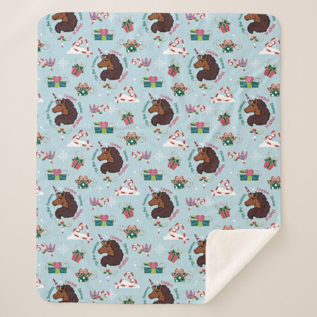 Afro Unicorn Holiday Pattern Sherpa Blanket (Front)