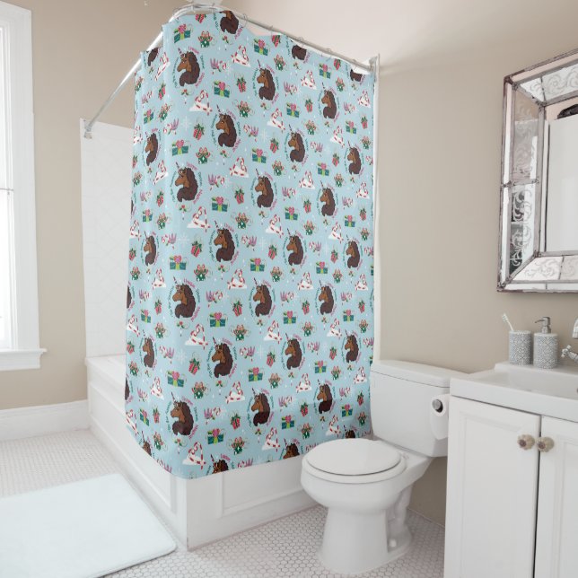 Afro Unicorn Holiday Pattern Shower Curtain (In Situ)