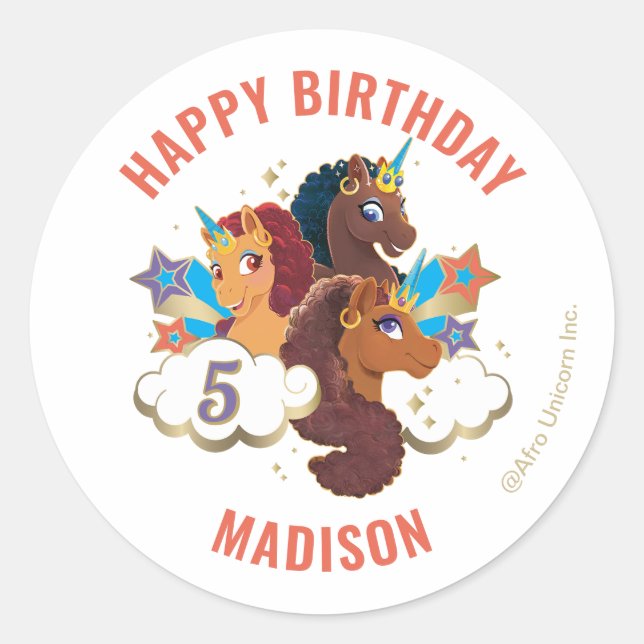 Afro Unicorn | Magical Girls Birthday Classic Round Sticker (Front)