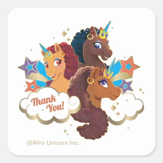 Afro Unicorn | Magical Girls Birthday Thank You Square Sticker (Front)