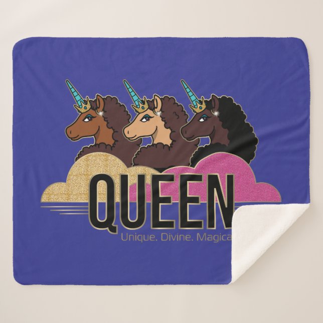 Afro Unicorn Queen Trio Design Sherpa Blanket (Front (Horizontal))