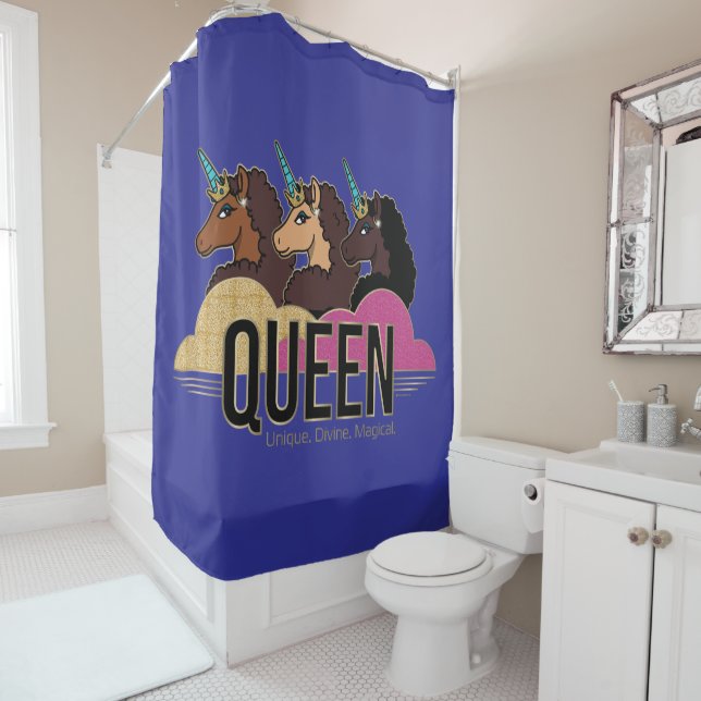 Afro Unicorn Queen Trio Design Shower Curtain (In Situ)