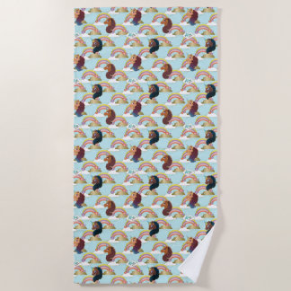 Afro Unicorn Rainbow and Hearts Pattern Beach Towel