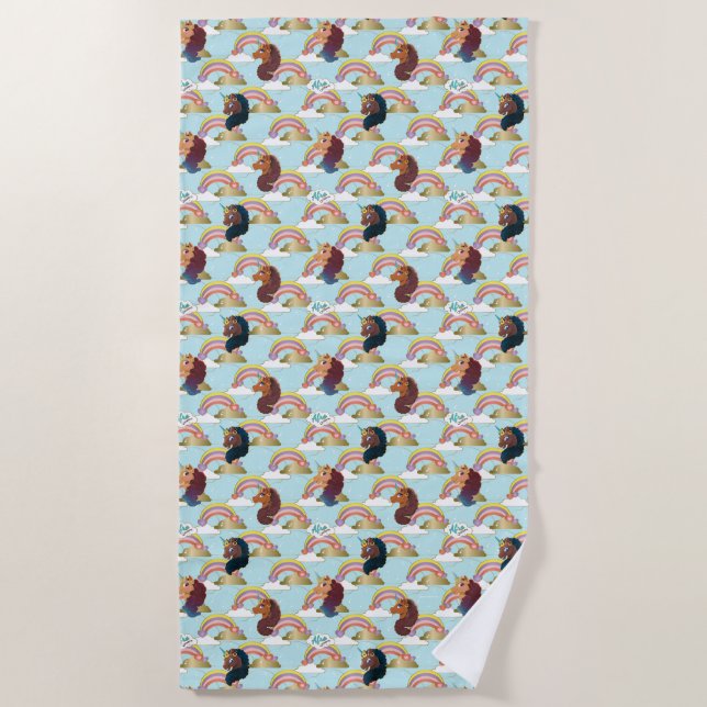 Afro Unicorn Rainbow and Hearts Pattern Beach Towel (Front)