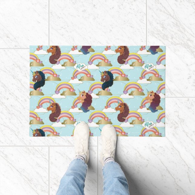 Afro Unicorn Rainbow and Hearts Pattern Doormat (Indoor)