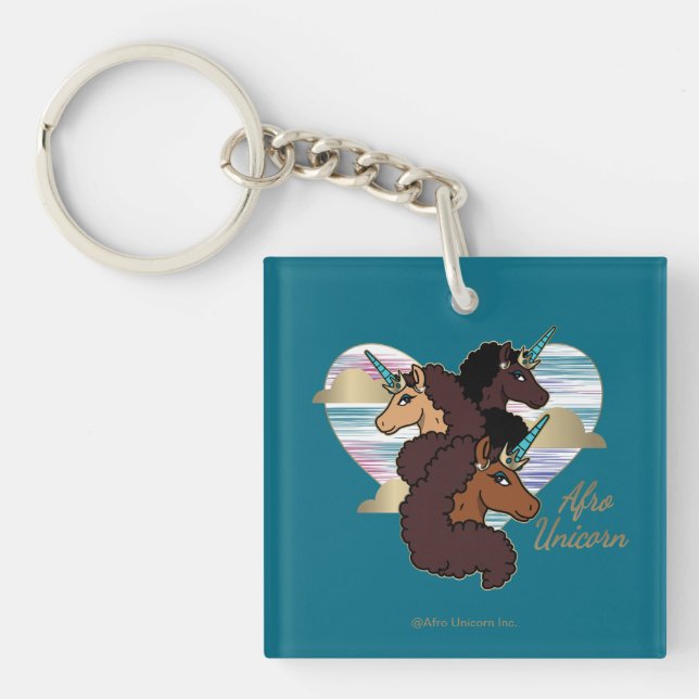 Afro Unicorn Trio Heart Design Key Ring (Front)