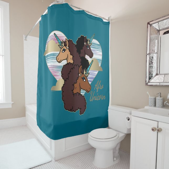 Afro Unicorn Trio Heart Design Shower Curtain (In Situ)