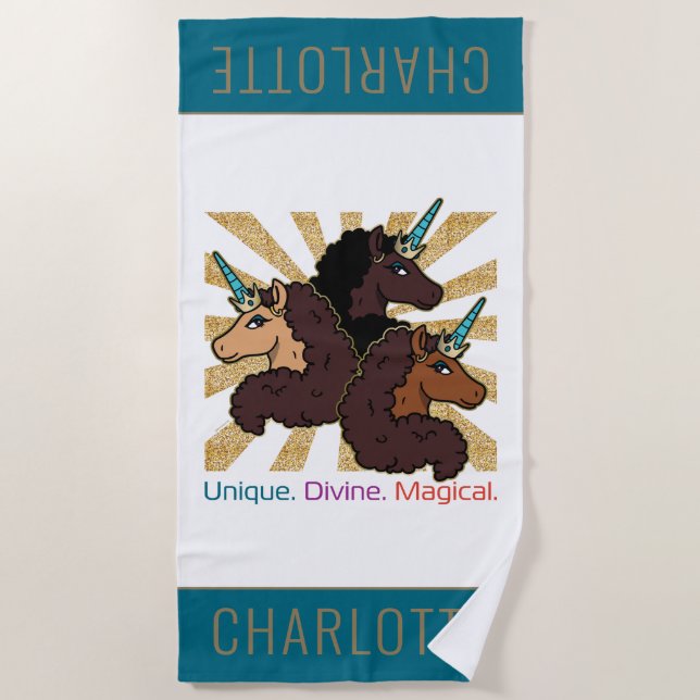 Afro Unicorn Trio: Unique, Divine, and Magical Beach Towel (Front)