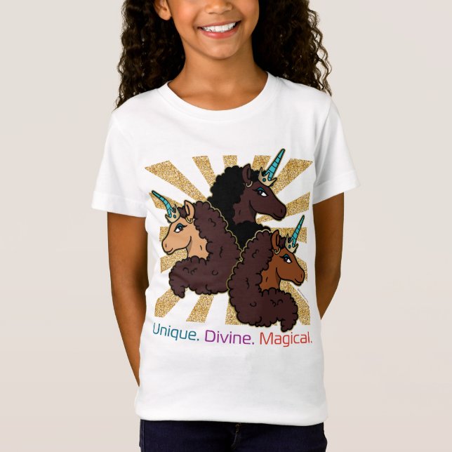 Afro Unicorn Trio: Unique, Divine, and Magical T-Shirt (Front)