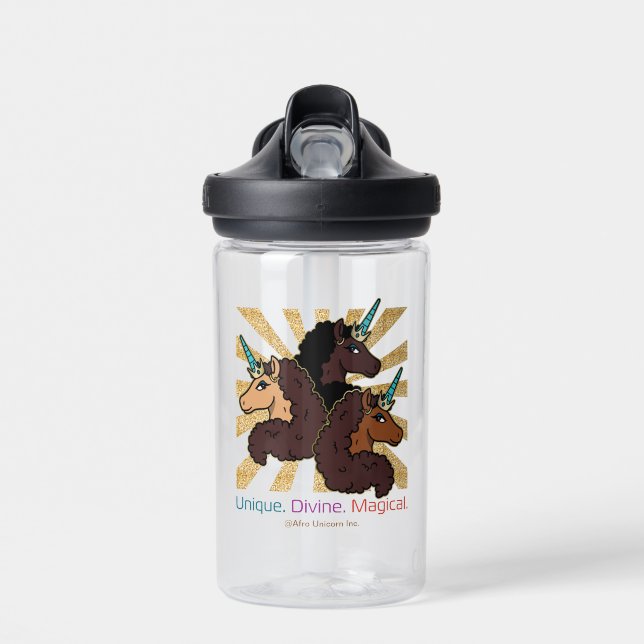 Afro Unicorn Trio: Unique, Divine, and Magical Water Bottle (Front)