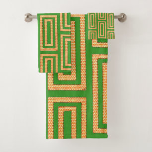 Afro‑Urban Oblong Squares Green Beige Cream  Bath Towel Set