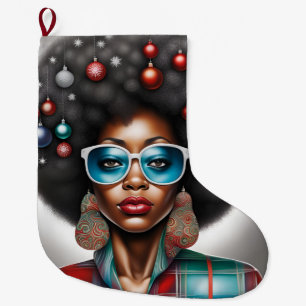 Afro woman elegant and bizarre  holiday mood  large christmas stocking