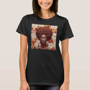 Afro Woman Floral Black Queen Puff Melanin Orange  T-Shirt