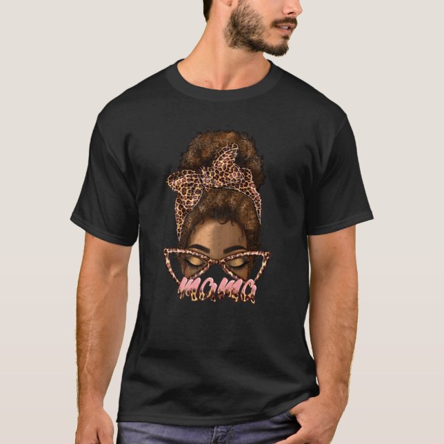 Afro Woman Messy Bun Mom Western Mama Leopard Blac T-Shirt (Front)