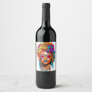 Afro woman with sunglasses, colorful pop art 67 wine label