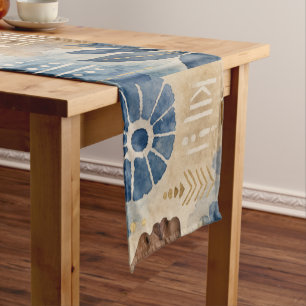 Afrobohemian Adire Fabric Aesthetic, Watercolor Short Table Runner