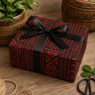 Afrocentric Bold Red and Black Tribal Geometric  Wrapping Paper