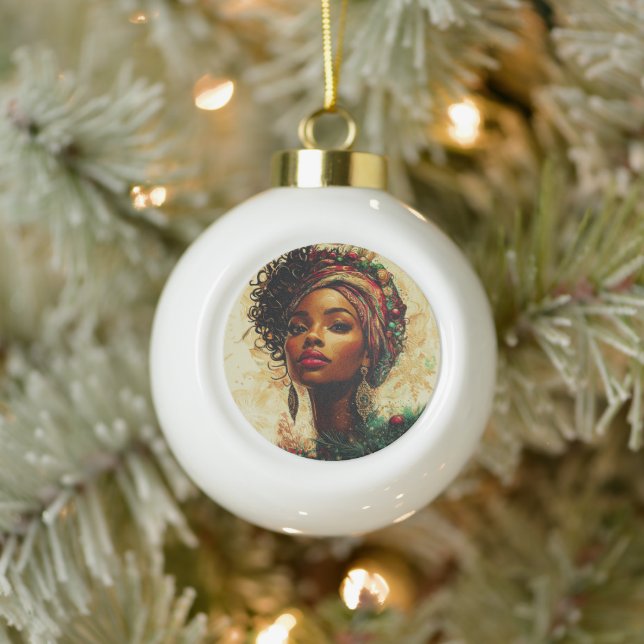 Afrocentric Christmas Queen Ceramic Ball Christmas Ornament (Tree)