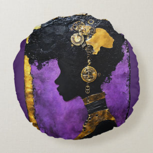 Afrofuturistic Steampunk Woman in Purple Round Cushion