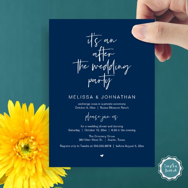 After the wedding, Black, Elopement Party Invitation (It's an after the wedding, Elopement dinner dancing brunch Party Invitation Card PDF Navy Blue)