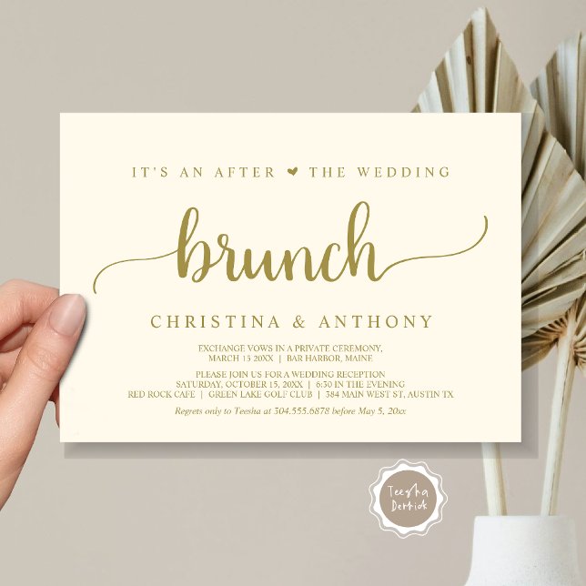 After The Wedding Brunch, Rustic Elopement Invitation (After The Wedding Brunch, Elopement Invitation Card, Rustic Script in gold.)